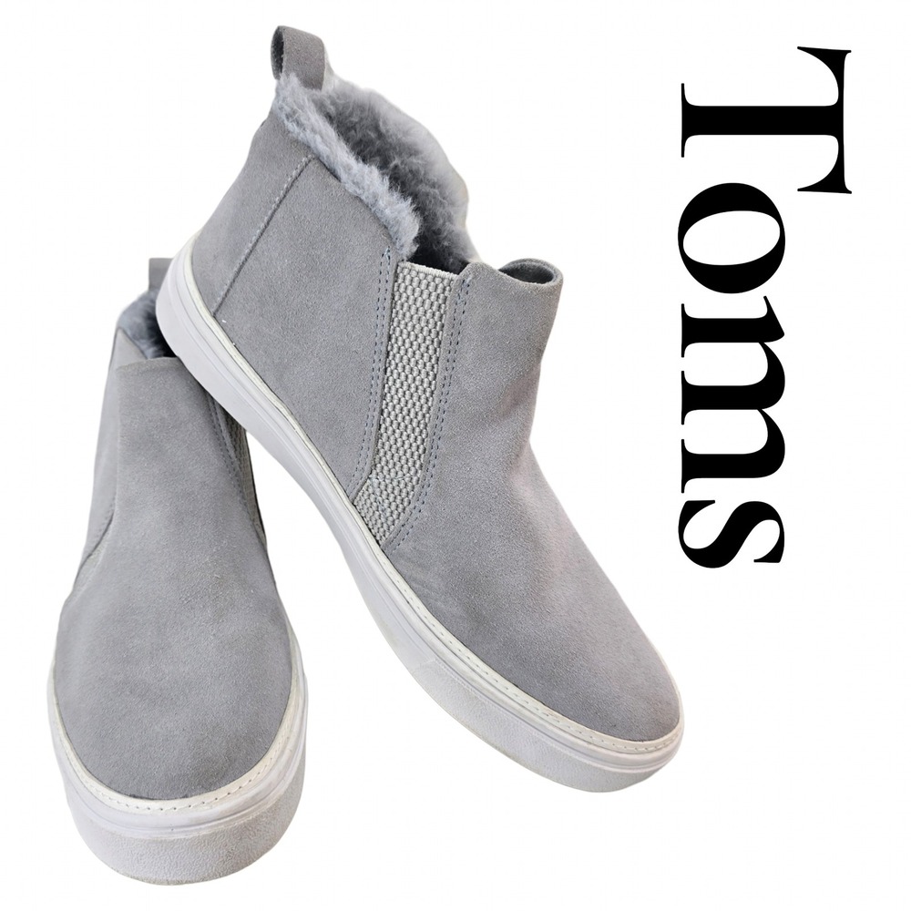 TOMS Booties Womens 9 Grey Suede Faux Fur Slip On Platform Ankle Boots Cozy Boho